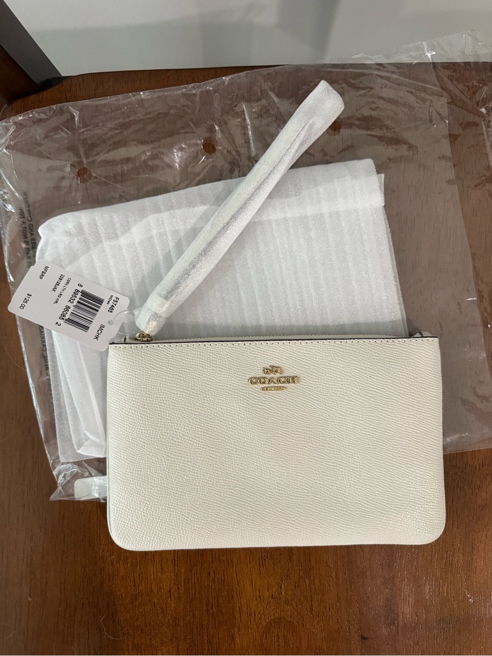 Coach Large Corner Zip Wristlet Crossgrain Leather Chalk White with Gold